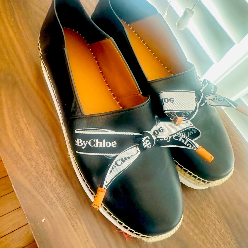 See By Chloe Black Espadrille Flats with Logo Ribbon